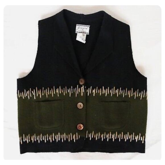 Jou Jou Jackets & Blazers - Vintage JouJou Black & Green Wool Vest, collar Camel & Cream Blanket size small